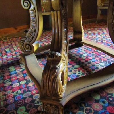 Solid Wood Table with Inlay Design on Footed Scroll Base