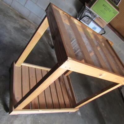 Wood Slat Potting Bench on Wheels- Plexiglass on Top Shelf for Stability