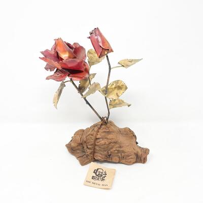 BRASS & MANZANITA WOOD ROSE SCULPTURE - BY â€œTHE METAL MANâ€ TUCSON AZ