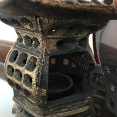 Metal Pagoda Candle Holder, Japanese Lacquer Ware Tray, and Vase with Asian Letters (UR-JF)