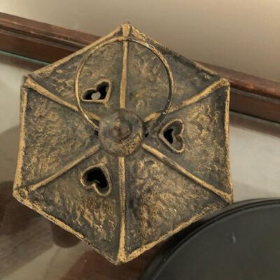 Metal Pagoda Candle Holder, Japanese Lacquer Ware Tray, and Vase with Asian Letters (UR-JF)