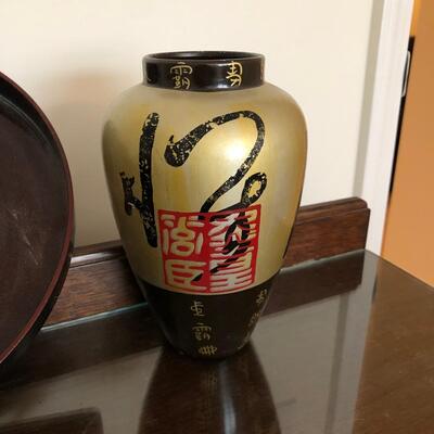 Metal Pagoda Candle Holder, Japanese Lacquer Ware Tray, and Vase with Asian Letters (UR-JF)