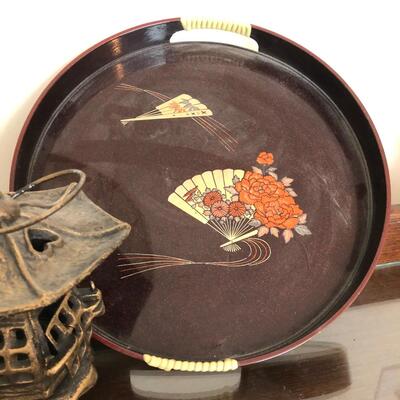 Metal Pagoda Candle Holder, Japanese Lacquer Ware Tray, and Vase with Asian Letters (UR-JF)