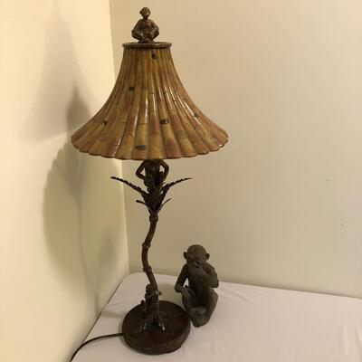Monkeys on Palm Tree Metal Copper Colored Table Lamp and Monkey Sculpture (UR-JF)