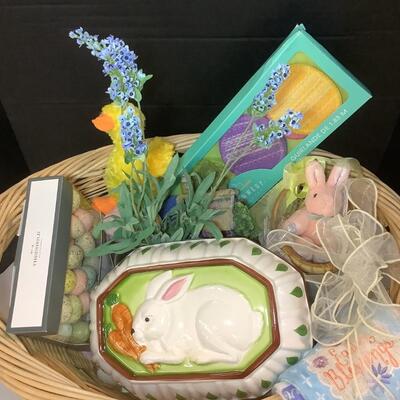 Lot 972  Fun Easter Basket with Ceramic Bunny Bowl, Ducky/Tea towels and more