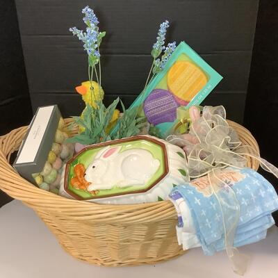 Lot 972  Fun Easter Basket with Ceramic Bunny Bowl, Ducky/Tea towels and more