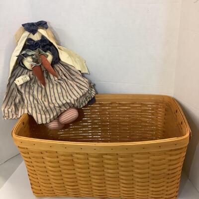 Lot. 980  Large Longaberger Wash Day Basket with Leather Side Handles & Plastic Liner / Vintage Girl Bunny