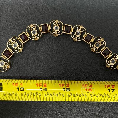 VINTAGE SIMMONS GOLD-TONE & RED JEWELED BRACELET