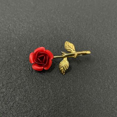 GOLD-TONED RED ROSE BROOCH
