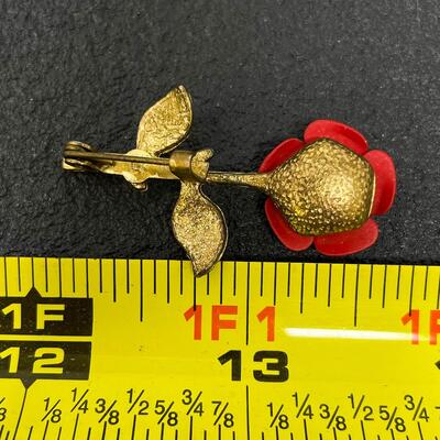 GOLD-TONED RED ROSE BROOCH