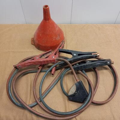 LOT 21  GAS CANS, JUMPER CABLES AND FUNNEL