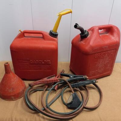 LOT 21  GAS CANS, JUMPER CABLES AND FUNNEL