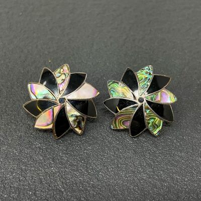 VINTAGE MEXICO ABALONE & STERLING SILVER 925 FLOWER EARRINGS