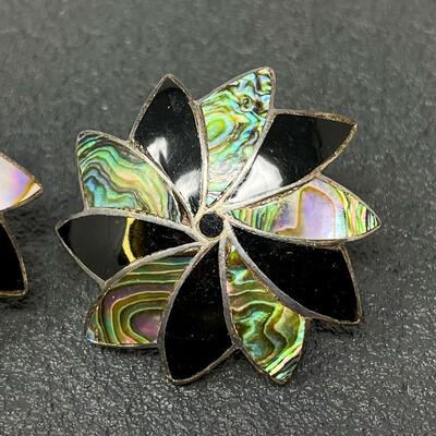 VINTAGE MEXICO ABALONE & STERLING SILVER 925 FLOWER EARRINGS