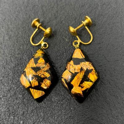 VINTAGE BLACK & GOLD LEAF? DANGLE EARRINGS