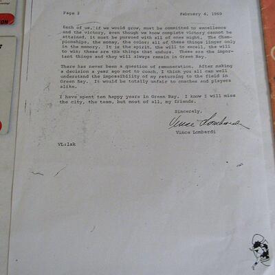 1/1/1965 Pasadena Tournament of Roses, Copy of  Vince Lombardi's Stepping Down Notification, More