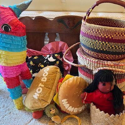 3 Baskets, piñata, pillows, doll