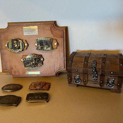 Lot of Belt Buckles & Jewelry Chest