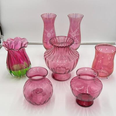 Beautiful Lot of 7 Cranberry Glass Flower Bouquet Vases