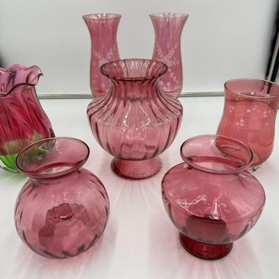 Beautiful Lot of 7 Cranberry Glass Flower Bouquet Vases