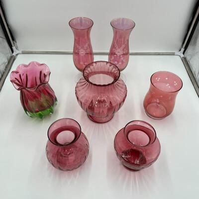Beautiful Lot of 7 Cranberry Glass Flower Bouquet Vases