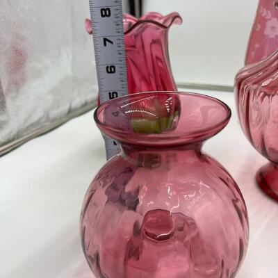 Beautiful Lot of 7 Cranberry Glass Flower Bouquet Vases