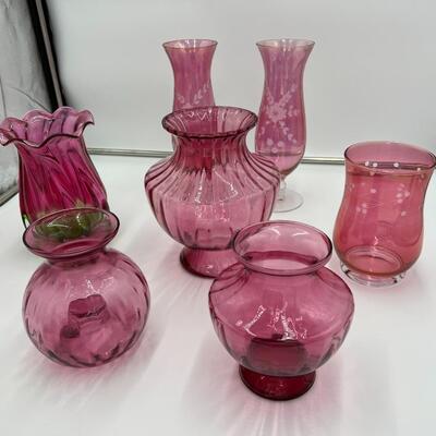 Beautiful Lot of 7 Cranberry Glass Flower Bouquet Vases