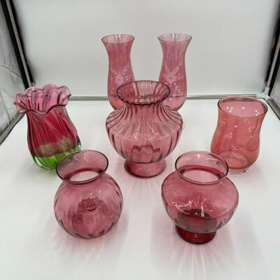Beautiful Lot of 7 Cranberry Glass Flower Bouquet Vases