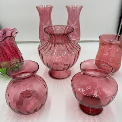 Beautiful Lot of 7 Cranberry Glass Flower Bouquet Vases