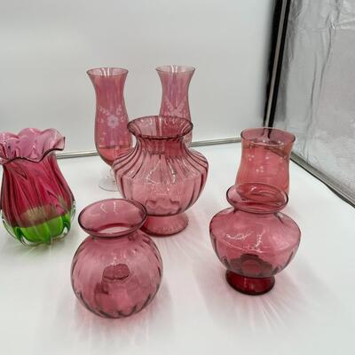 Beautiful Lot of 7 Cranberry Glass Flower Bouquet Vases