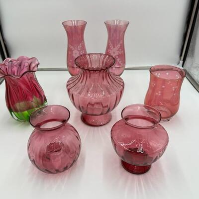 Beautiful Lot of 7 Cranberry Glass Flower Bouquet Vases