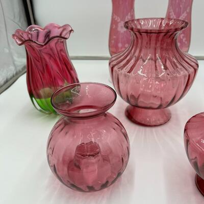 Beautiful Lot of 7 Cranberry Glass Flower Bouquet Vases