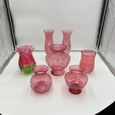 Beautiful Lot of 7 Cranberry Glass Flower Bouquet Vases