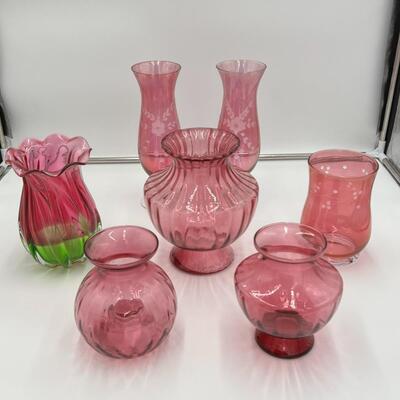 Beautiful Lot of 7 Cranberry Glass Flower Bouquet Vases