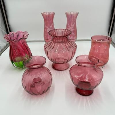 Beautiful Lot of 7 Cranberry Glass Flower Bouquet Vases