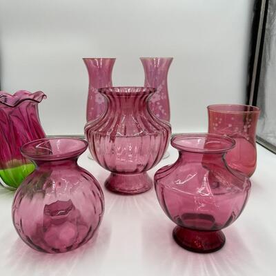 Beautiful Lot of 7 Cranberry Glass Flower Bouquet Vases