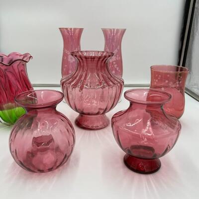 Beautiful Lot of 7 Cranberry Glass Flower Bouquet Vases