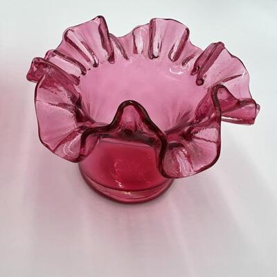 Lot of 4 Premium Fenton Cranberry Ruffled Cranberry Glass Items