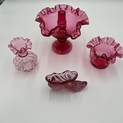 Lot of 4 Premium Fenton Cranberry Ruffled Cranberry Glass Items