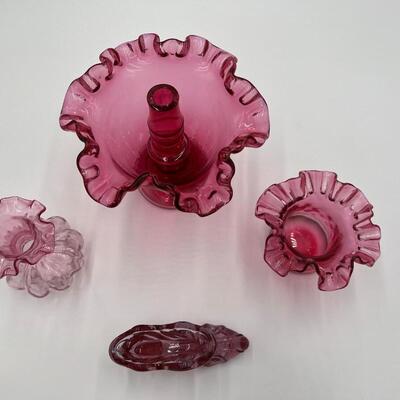 Lot of 4 Premium Fenton Cranberry Ruffled Cranberry Glass Items