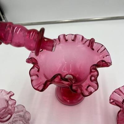 Lot of 4 Premium Fenton Cranberry Ruffled Cranberry Glass Items