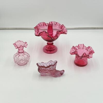 Lot of 4 Premium Fenton Cranberry Ruffled Cranberry Glass Items