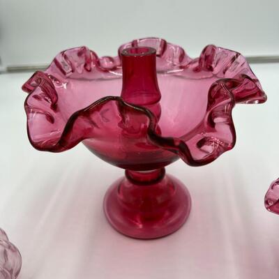 Lot of 4 Premium Fenton Cranberry Ruffled Cranberry Glass Items