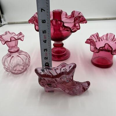 Lot of 4 Premium Fenton Cranberry Ruffled Cranberry Glass Items