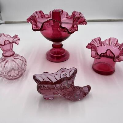 Lot of 4 Premium Fenton Cranberry Ruffled Cranberry Glass Items