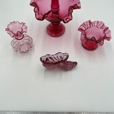 Lot of 4 Premium Fenton Cranberry Ruffled Cranberry Glass Items