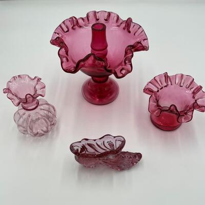 Lot of 4 Premium Fenton Cranberry Ruffled Cranberry Glass Items