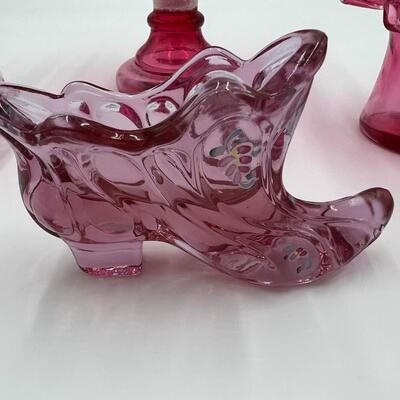 Lot of 4 Premium Fenton Cranberry Ruffled Cranberry Glass Items