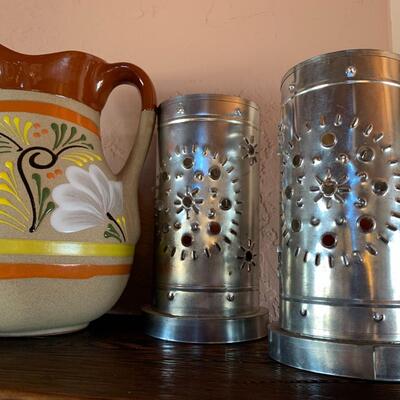 5 pcs lot -  Mexican pottery pitcher & 4 candle holders