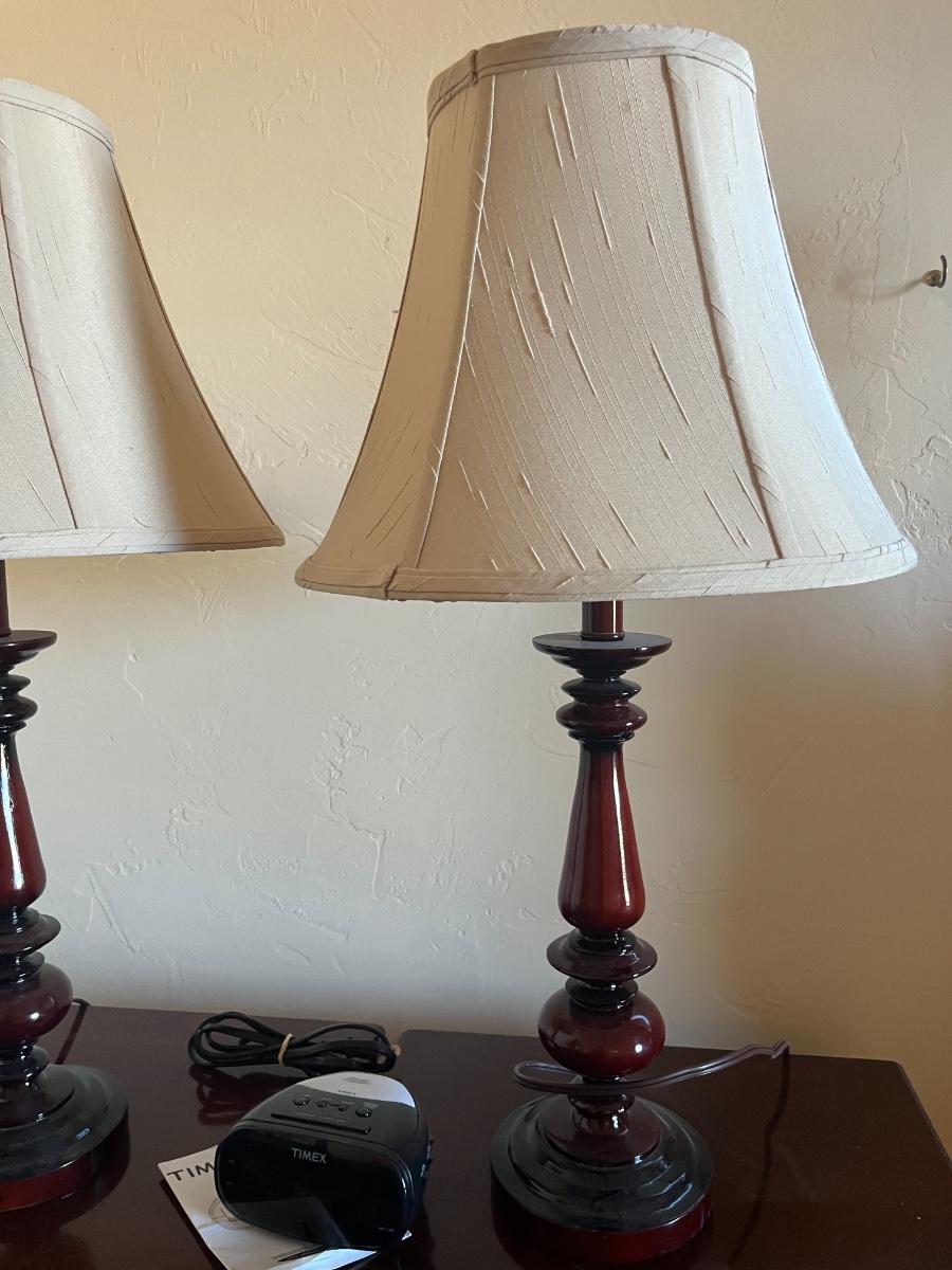 2 lamps with wood base & timex alarm clock